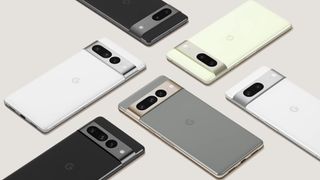 Uma renderização de prensa isométrica do Google Pixel 7 e Pixel 7 Pro