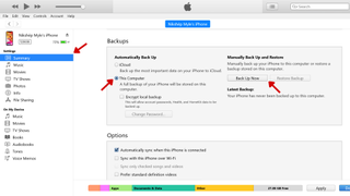 Uma captura de tela do aplicativo iTunes no Windows, com setas vermelhas apontando para Resumo, Este Computador e Fazer Backup Agora.