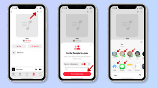 A primeira captura de tela mostra uma nova playlist no aplicativo Música do iPhone com uma seta vermelha apontando para o botão Colaborar. A segunda captura de tela mostra a opção de convidar pessoas para participar da playlist, com setas vermelhas apontando para a opção aprovar colaboradores e o botão Começar a Colaborar. A terceira captura de tela mostra o menu de compartilhamento do iPhone, com setas vermelhas apontando para AirDrop, iMessages e mensagens do WhatsApp.