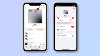 A primeira captura de tela mostra uma nova playlist no aplicativo iPhone Music com uma seta vermelha apontando para o botão Collaborate. A segunda captura de tela mostra as opções de colaboração para a playlist, com setas vermelhas apontando para os botões Share Invite Link e QR code.