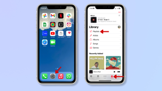 A primeira captura de tela mostra a página inicial do iPhone com uma seta vermelha apontando para o aplicativo Ajustes. A segunda captura de tela mostra o aplicativo Apple Music com setas vermelhas apontando para o ícone Biblioteca e para Playlists.